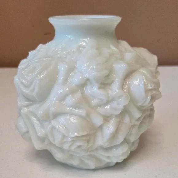 Vintage White Milk Glass Rose Bud Vase Embossed Floral Globe 4.5 inch