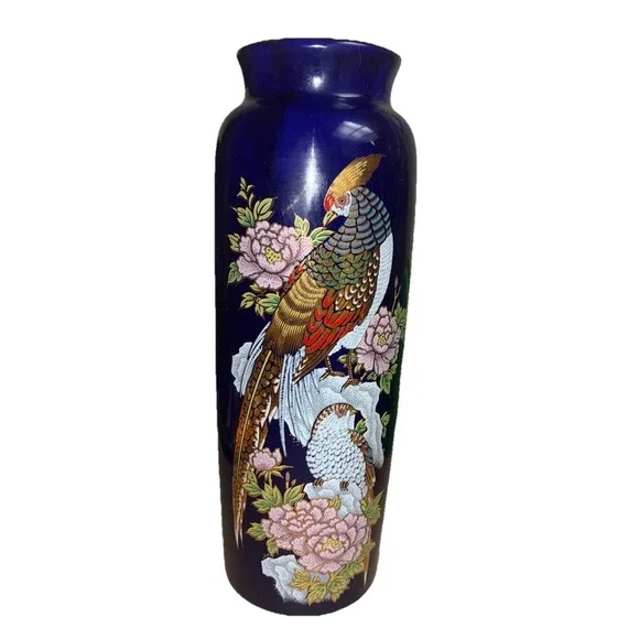 Vintage  Vase Cobalt‎ Blue Pheasant Kutani Style 9.5
