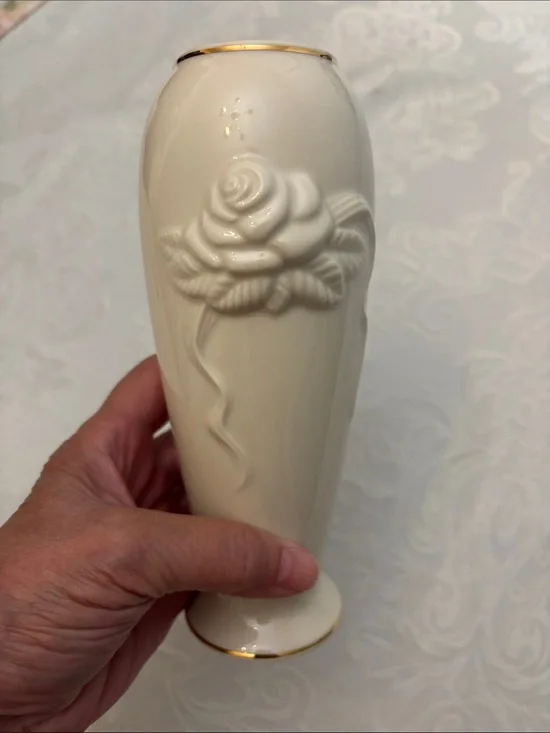 Lenox Ivory Porcelain Bud Vase with Gold Trim and Rose Relief