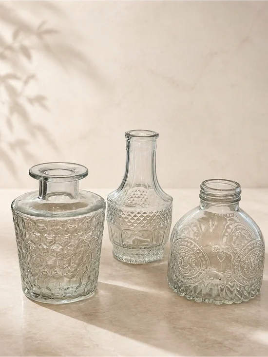 Vintage 1980s Clear Glass Decorative Bottles Set of 3 Embossed Bud Vases