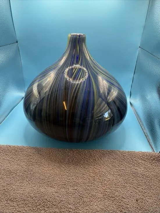 Murano Style Vase Large 10 Inch Onion Swirl Blue Green Black Hand Blown MCM