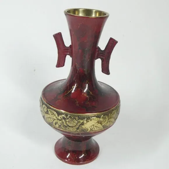 Brass Vase Red Marbled Enamel Vintage 6.5