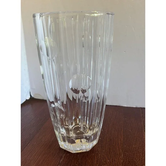 Heavy Clear Lead Crystal Vase Paneled‎ Vertical Ribbed Octagonal Base 10 Inch