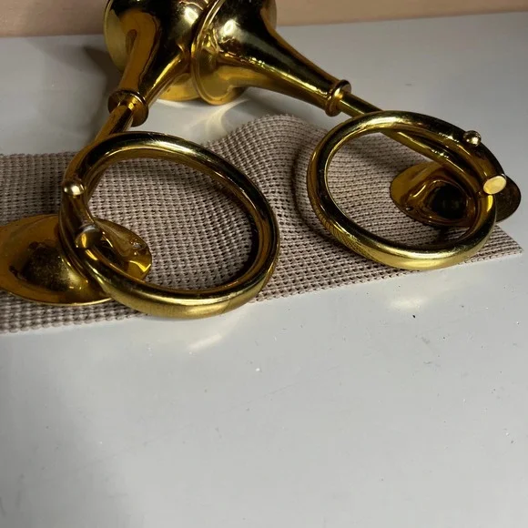Vintage Brass French Horn Towel Ring Pair Wall Mount Equestrian Decor Gold 9.5in