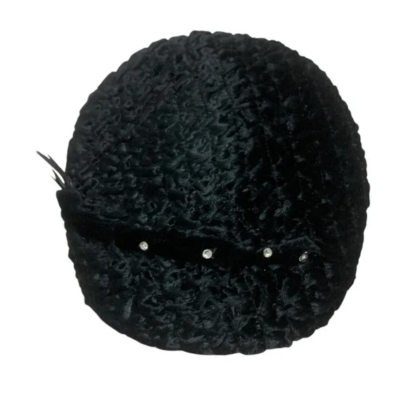 1960s vintage black‎ faux fur beret with rhinestone details