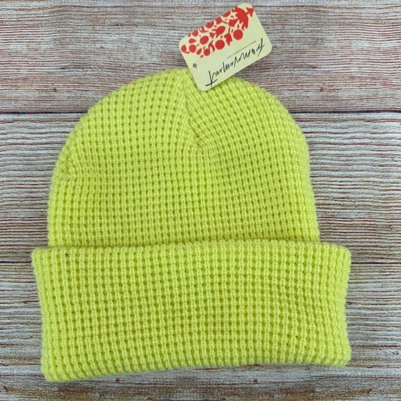 FP Movement Free People Waffle Knit Beanie Neon Yellow Green Cuffed Hat OS‎ NWT