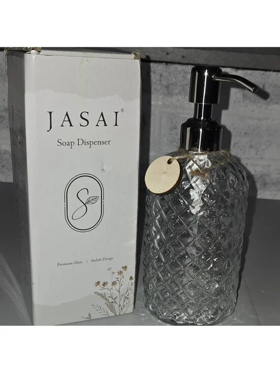 JASAI 18Oz Gem Patterned Clear Glass Soap Dispenser Rust Proof Pump & Wooden Tag