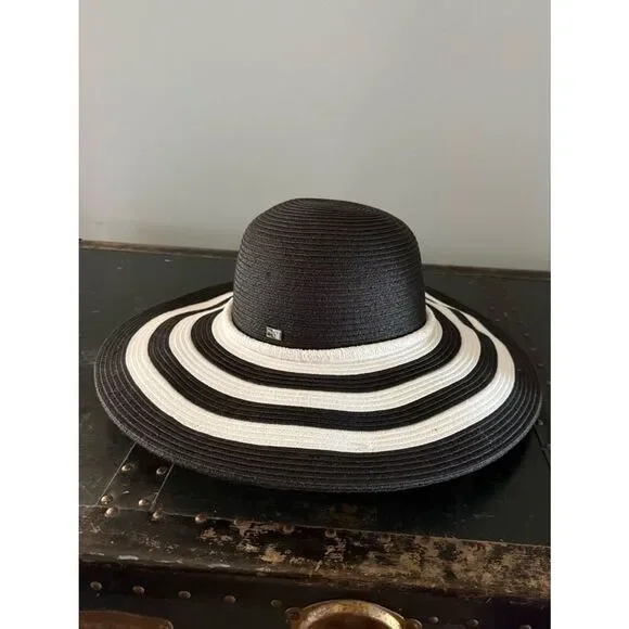 HBY Miami Women Straw Hat Black And White Wide Brim One Size Paper Straw Beach