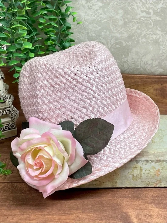Vintage 1950s Pink Cello Straw Fedora Hat Floral Rose Union Made USA