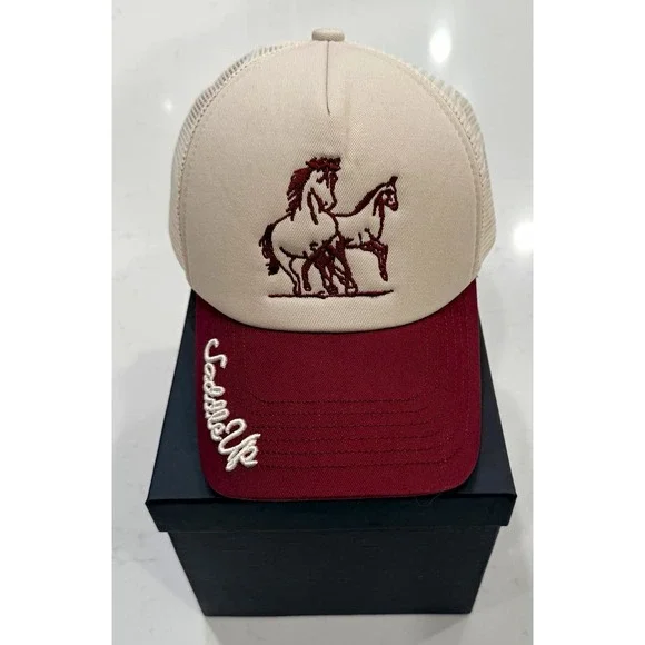 Worn / West Trucker Hat Beige/Burgundy Mesh Back Adjustable One Size Saddle Up