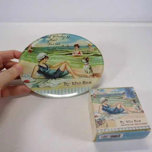 Vintage inspired soap plate & Shea Butter Soap By the Sea women & puppy dog