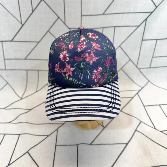 Roxy Trucker Hat OS Navy Floral Striped Perforated Snapback Baseball Cap