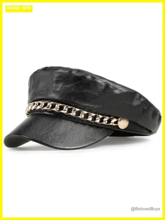 Women's Newsboy Cap PU Leather Flat Cap Classic Beret with Gold Chain