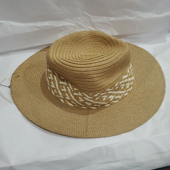 Joe's‎ jean tan cream color block braided detail straw panama style hat new