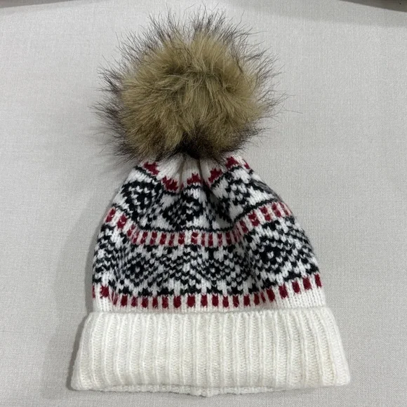 Abercrombie & Fitch Knit Pom-Pom Hat - White, Black, and Red- Like new!