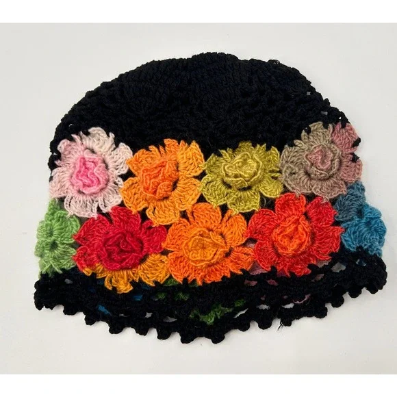 Handmade Crochet Floral Beanie Black Multicolor Boho 3D Flower Skull‎ Cap Hat