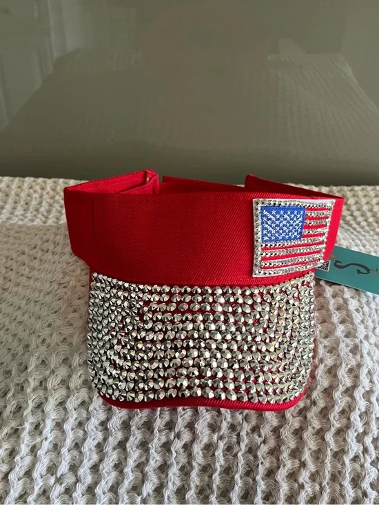 Snowbird Living Red women’s  Visor with Rhinestones and American Flag Accent 482
