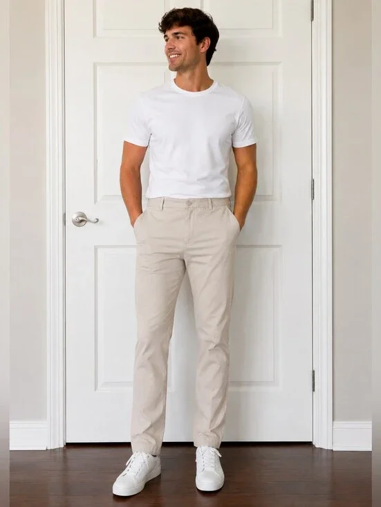 New Van Heusen Men 33x32 Slim Fit Flat Front Khaki Beige Chino Dress Pants Offic