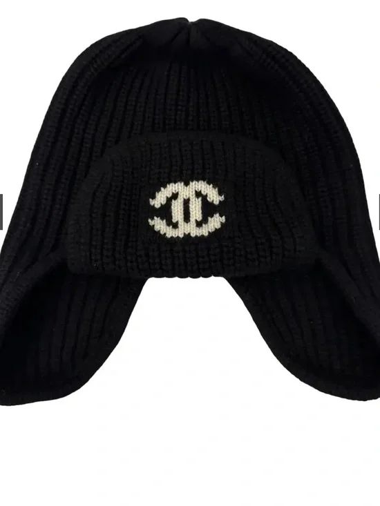 🖤 Double C Designer Neige Black Knit Winter Beanie Ski Hat Snow Cap