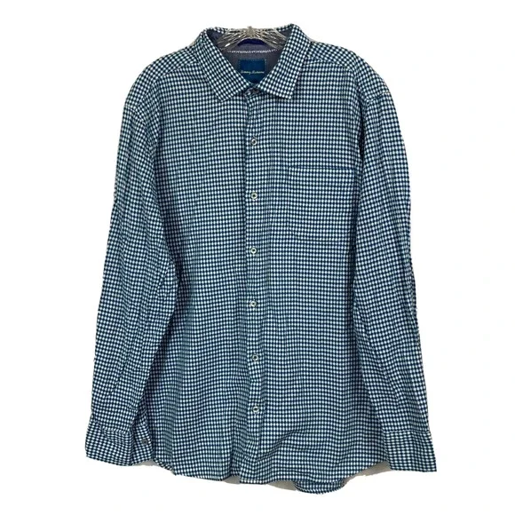 Tommy Bahama Shirt Mens Sz‎ XL Blue White Woven Cotton Button Up Pocket