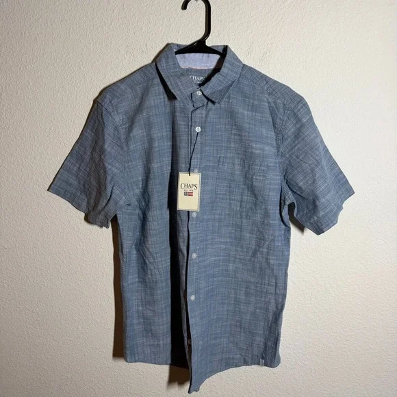 Chaps Shirt Mens Blue Printed Chambray Pleated Button Up Streetwear‎ Casual