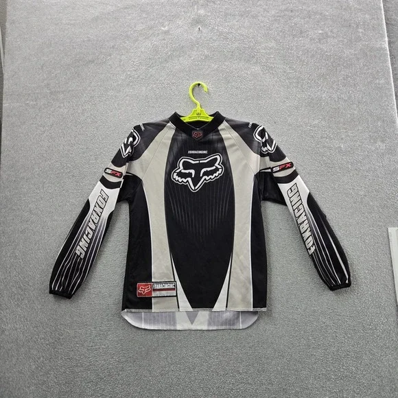 VINTAGE FOX Boys Jersey L Black Embroidered Racing Motocross BMX Grunge Y2K