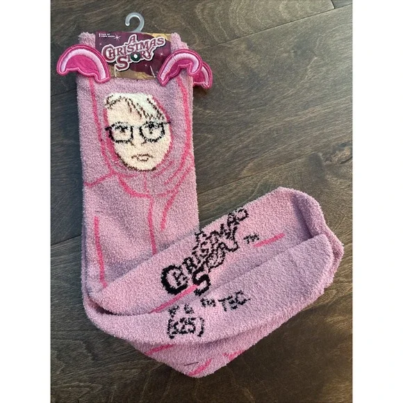 NWT A Christmas Story Fuzzy Ralphie Pink Nightmare  Crew Socks Bunny Ears 6-12