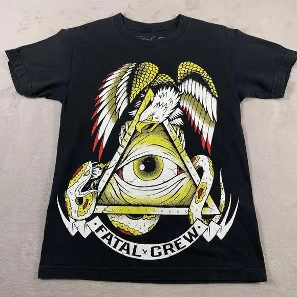 Fatal Crew Shirt Mens Small‎ Black Graphic All Seeing Eye Eagle Snake Tattoo Tee