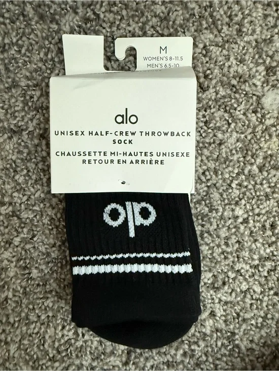 ALO Yoga Black Half-Crew Socks with White Logo & Stripes