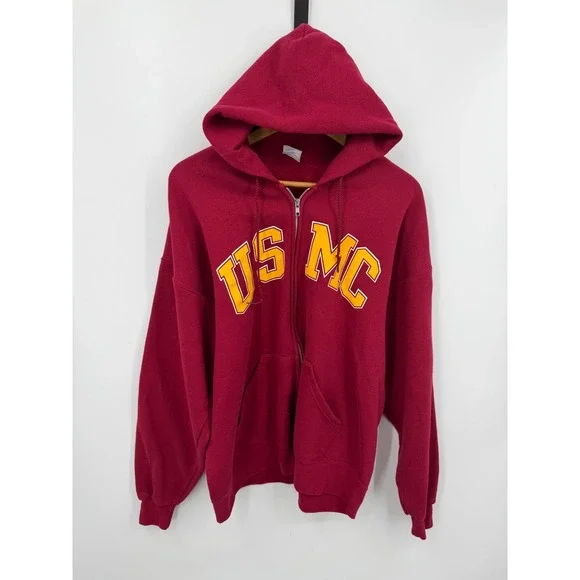 Soffe USMC Full Zip Hoodie Mens 2XL Maroon Red Yellow Logo Military Fleece