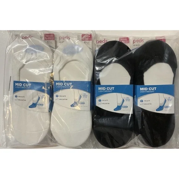 NIP Lot 24 Pairs Peds Mid Cut Lightweight No Show Liner Socks Black & White 5-10