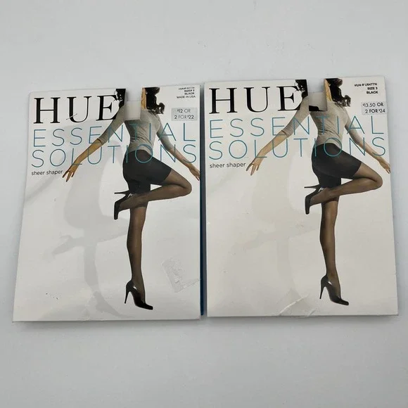 HUE Pantyhose Womens Size 3 Black Essential Solutions Sheer Shaper Tights 2 Pack