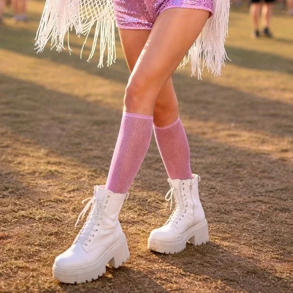Nordstrom Rack Pink‎ Glitter Sheer Mesh Knee High Festival Socks NWT