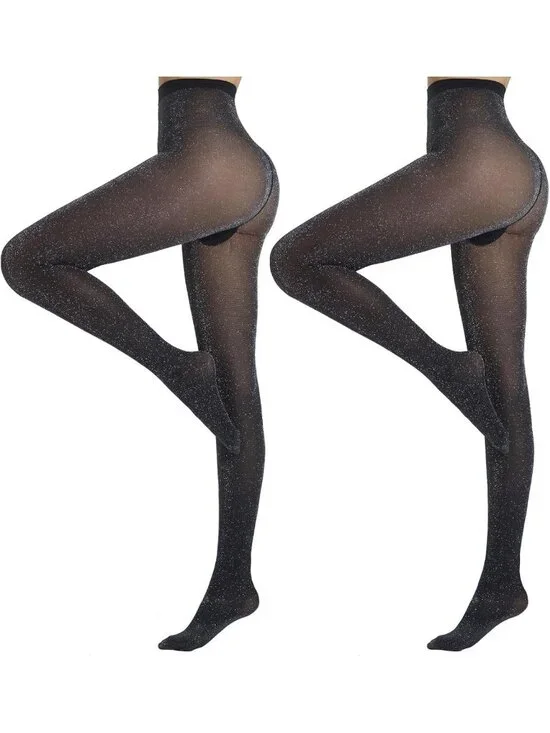 Shimmering Metallic High Waist Tights for Women - 2 Pairs of Sparkly Glitter