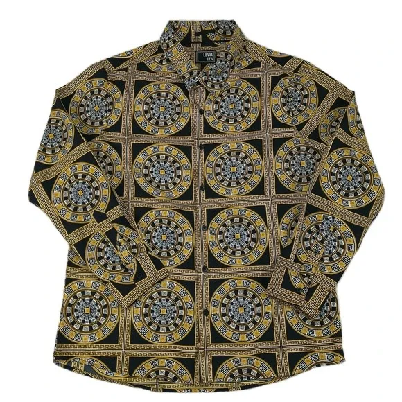 Level Ten Mens Large Black Gold Greek Key Medusa Baroque Print Button Down Shirt