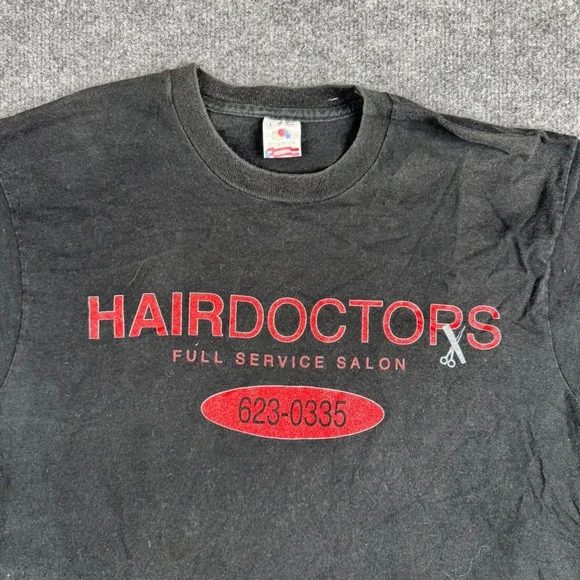 Fruit of the Loom T-shirt Mens Size L Black Hair Doctors Salon Graphic USA Made