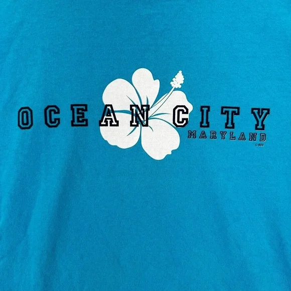 Vintage 90s Y2k Ocean City Maryland T Shirt Mens 2XL Blue Anvil Hibiscus Graphic