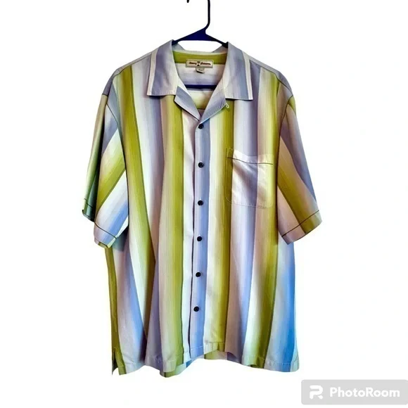 Tommy Bahama Camp Shirt Yellow/Blue Striped 100% Silk Button Front Men’s L,‎ EUC