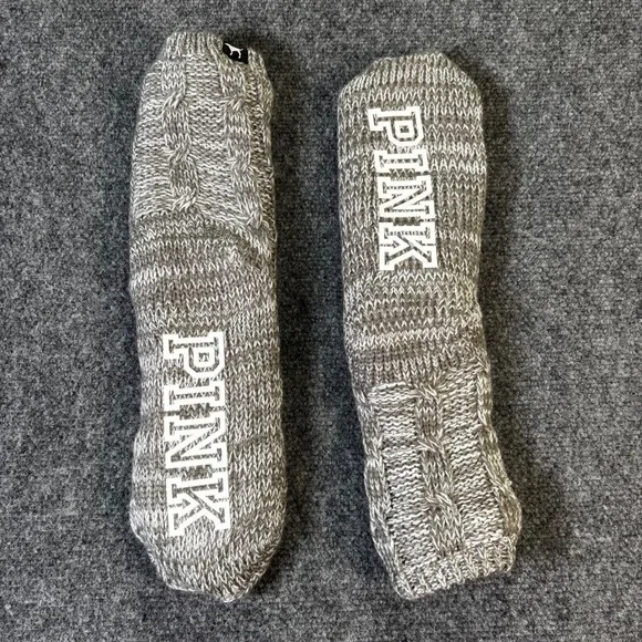 Victoria's Secret PINK Slipper Socks Womens OS Grey Cable Knit Sherpa Lined Cozy