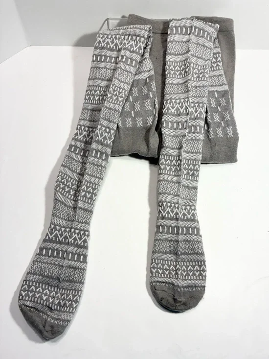 Y2K Fair Isle Thick Knit Tights Gray White Size M/L