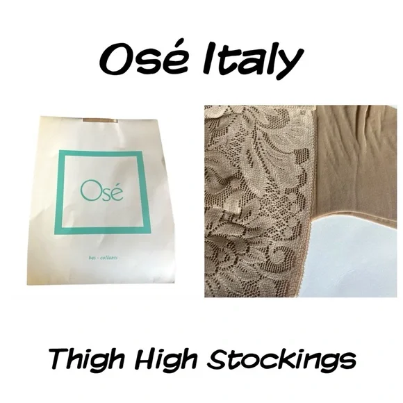Italian Thigh High Lace Top Nude Stockings by Osé, Made in Italy, New, Size 1 &2