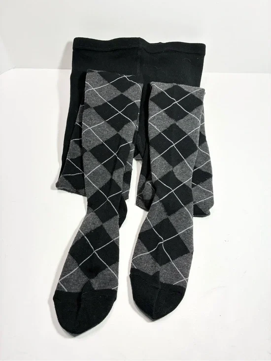 Y2K Argyle Thick Knit Tights Black Gray Size M/L