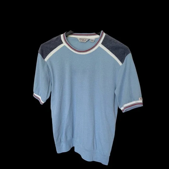 60's Thumbs Up Sears Blue Knit Shirt‎ Terry Shoulder Colorblock Large Distressed