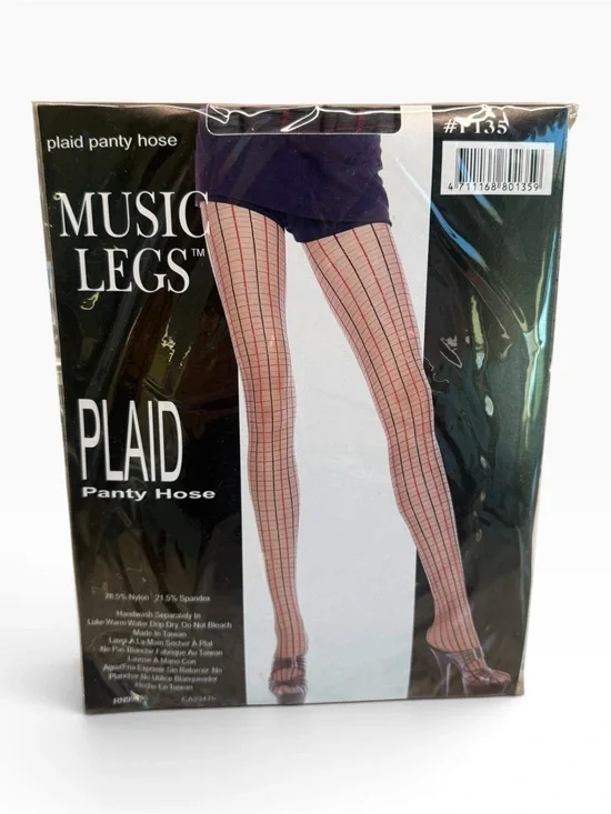 Music Legs Plaid Pantyhose P135 OS Fits 5’-5’10” 100-175lbs Grey/Black/Red