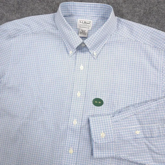 LL Bean Oxford Dress Shirt Mens 16-36 Blue White Tattersail Check Wrinkle-Free