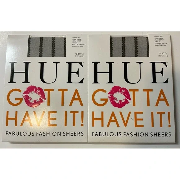 NIP 2 Pairs HUE‎ Gotta Have It! Fashion Sheers Control Top Pantyhose Sachet Sz 2