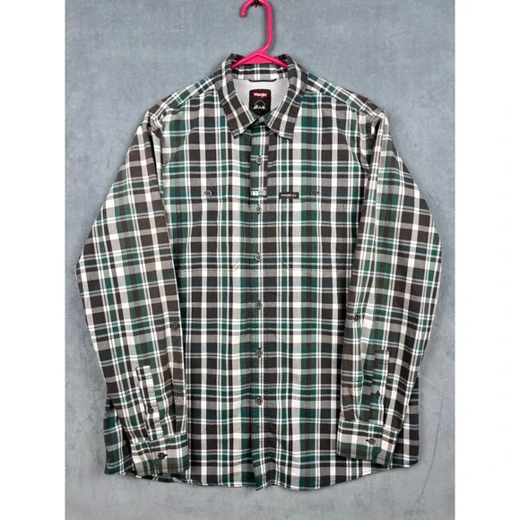 Wrangler Outdoor Mens Green Black Plaid Long Sleeve Button Down Shirt NWP25JB L