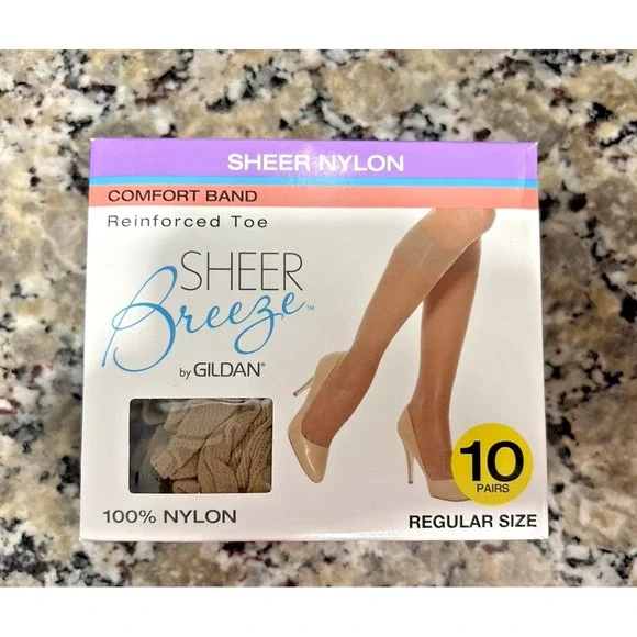 Gildan 10‎ Pairs Knee Highs Sheer Breeze Beige Nylon Size regular