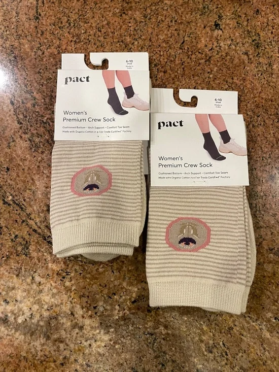 Pact Tulip Pin Stripe  Premium Crew Socks Two Pair NWT!