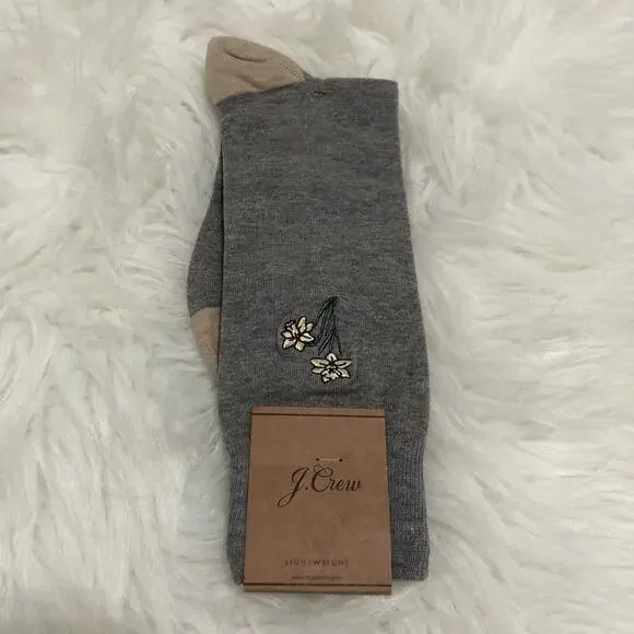 J. Crew Women's Dress Sock‎  One Size Gray Embroidered Floral Lightweight NWT